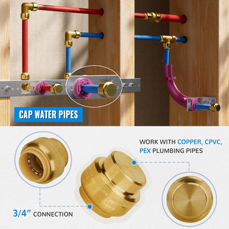 SUNGATOR 6-Pack Push Fit End Cap, 3/4-Inch Push-to-Connect, No Lead Brass Plumbing Fittings for PEX, Copper, CPVC, Disconnect Clip Include - Image 5